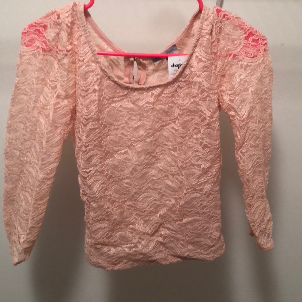 Glittery light pink lace top w open back NWT